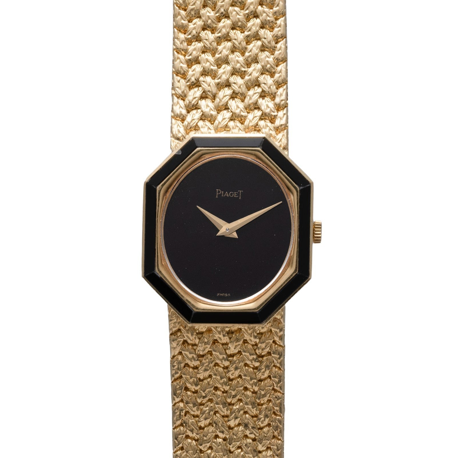 Piaget Onyx Dial wristwatch featuring a gold mesh band and black octagonal face, displayed on a white background.