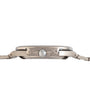 Side view of the Patek Philippe Nautilus wristwatch in silver, highlighting the crown and a section of its metal bracelet.