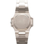 Patek Philippe Nautilus silver metal wristwatch with a blank, scratched case back and a metal link band, shown from the back.