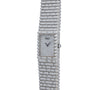 The Piaget Emperador Diamond is a luxury silver wristwatch featuring a rectangular face and a textured metal band.