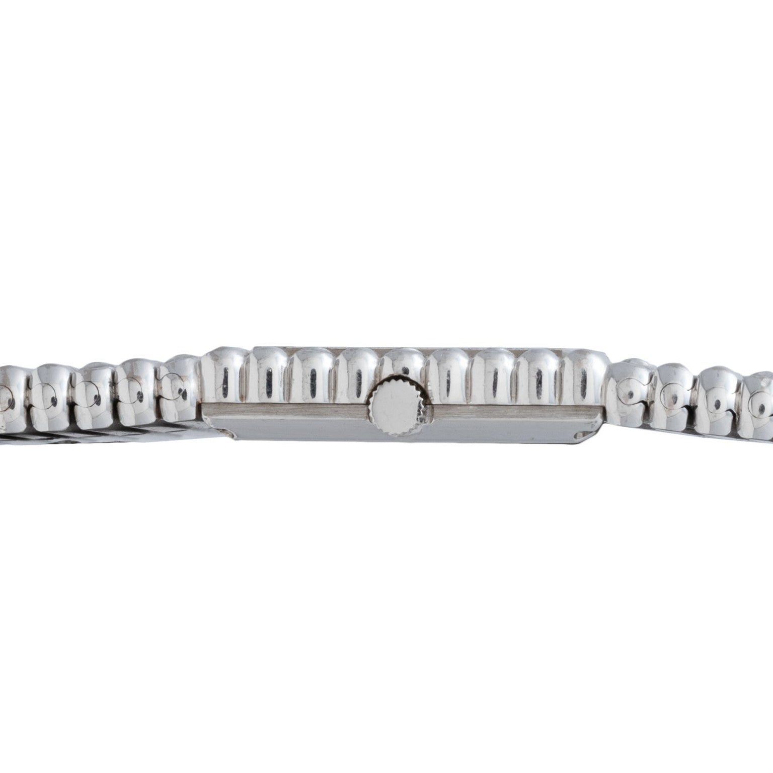 Side view of the Piaget Emperador Diamond watch, featuring a silver metal link band and a central round crown.