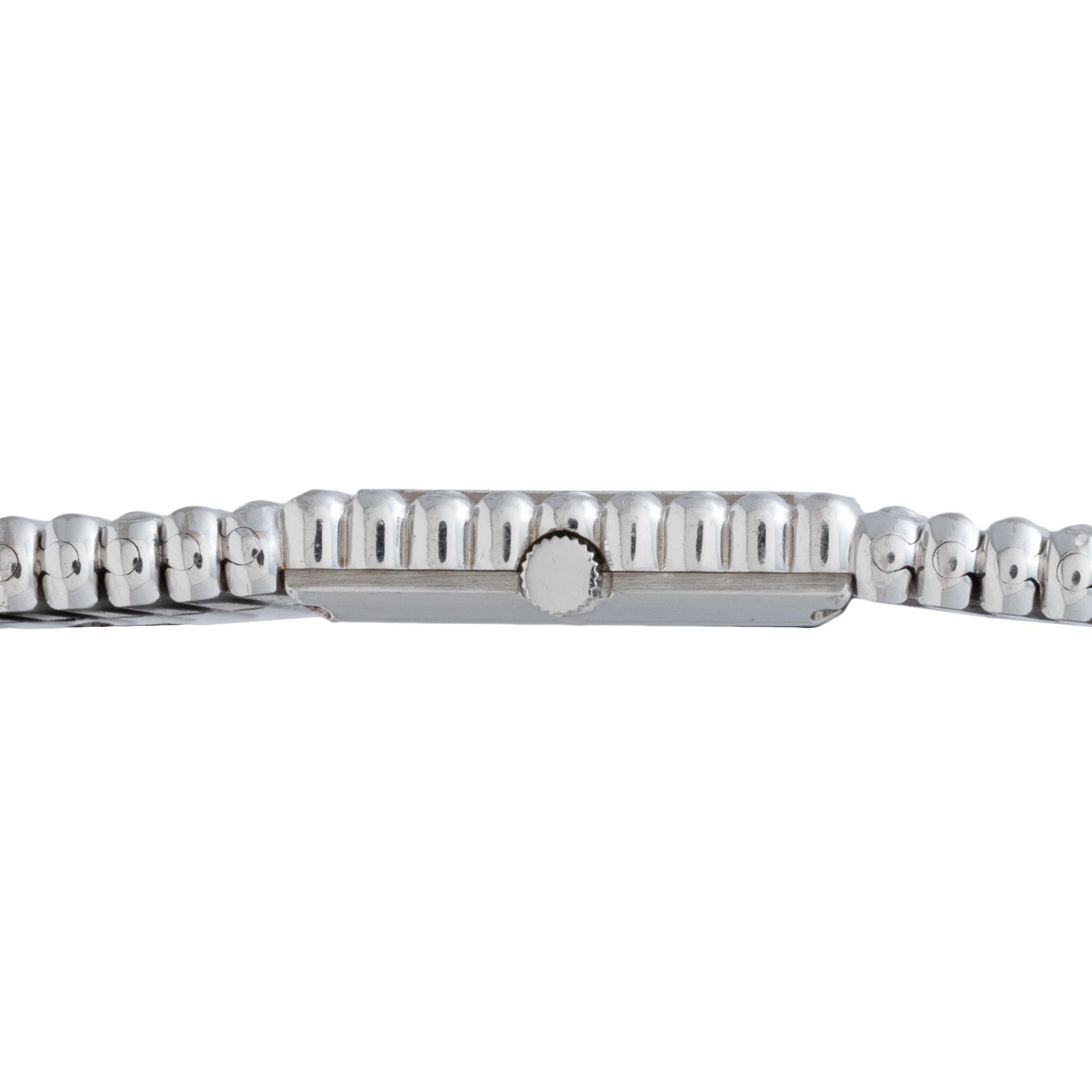 Side view of the Piaget Emperador Diamond watch, featuring a silver metal link band and a central round crown.