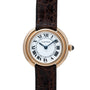 Cartier Vendome gold wristwatch with Roman numerals and a brown leather strap, shown on a white background.