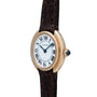 Cartier Vendome gold wristwatch featuring a white dial, black Roman numerals, and a dark brown leather strap.