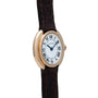 Cartier Vendome gold wristwatch featuring a white dial with Roman numerals and a dark brown leather strap.