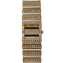 The Piaget Polo Pave is a gold and silver rectangular watch featuring rows of diamonds on the face and band.