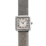 Cartier Santos Platinum: a square silver watch with Roman numerals, mesh band, two blue hands, and a textured bezel.