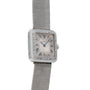 The Cartier Santos Platinum is a square-faced platinum wristwatch with a mesh band, Roman numerals, and a diamond-set bezel.