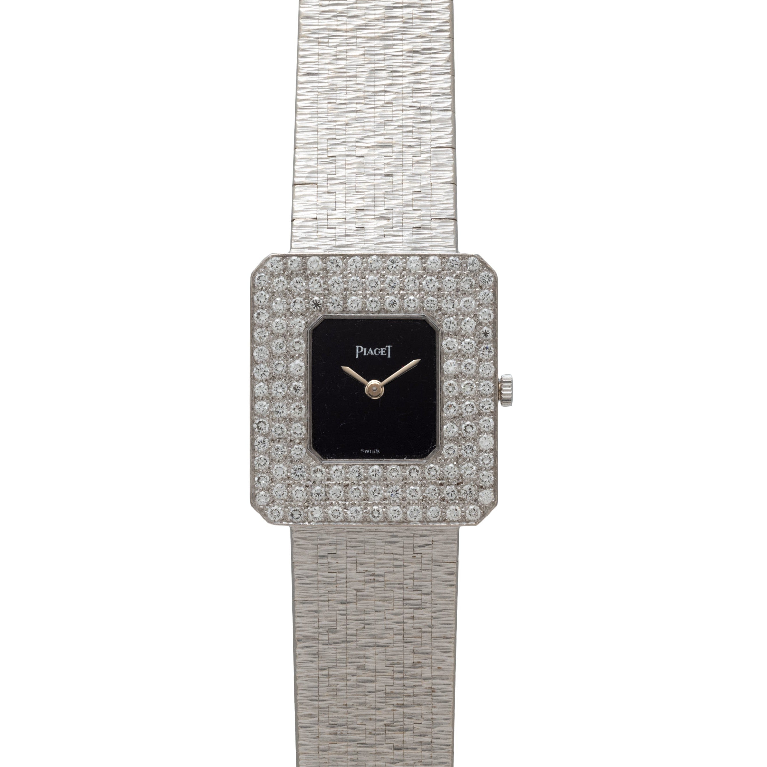 The Piaget Onyx Diamond Dress Watch features a diamond-encrusted square bezel and a textured silver band.