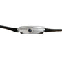Side view of the Cartier Vendome Diamond silver wristwatch case with a black crown and black leather strap.