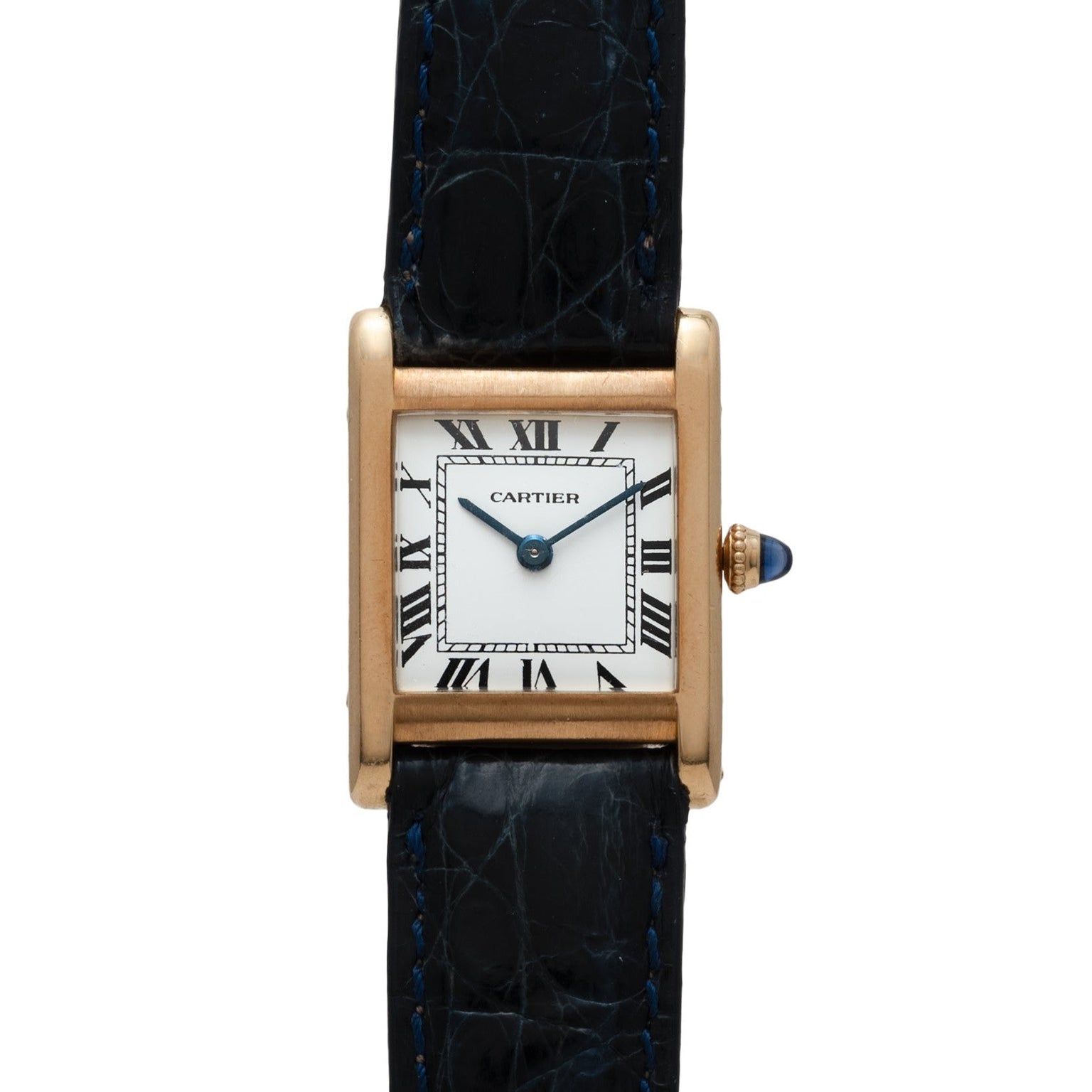 Cartier Tank Normale gold wristwatch featuring a square face, Roman numerals, and a black leather strap.