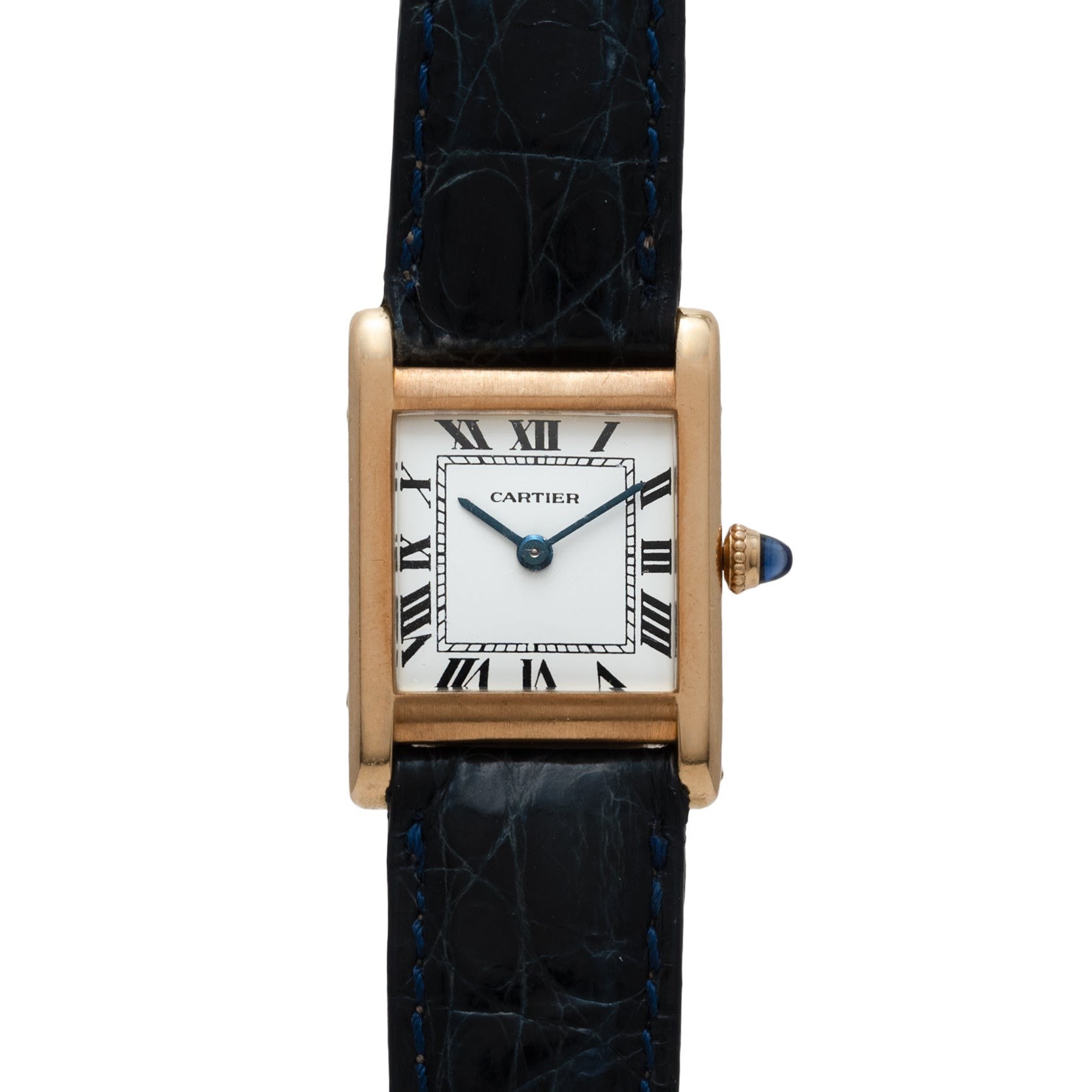 Cartier Tank Normale gold wristwatch featuring a square face, Roman numerals, and a black leather strap.