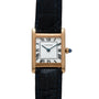 Cartier Tank Normale gold wristwatch featuring a square face, Roman numerals, and a black leather strap.