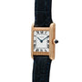 Cartier Tank Normale wristwatch featuring Roman numerals, blue hands, and a black leather strap.