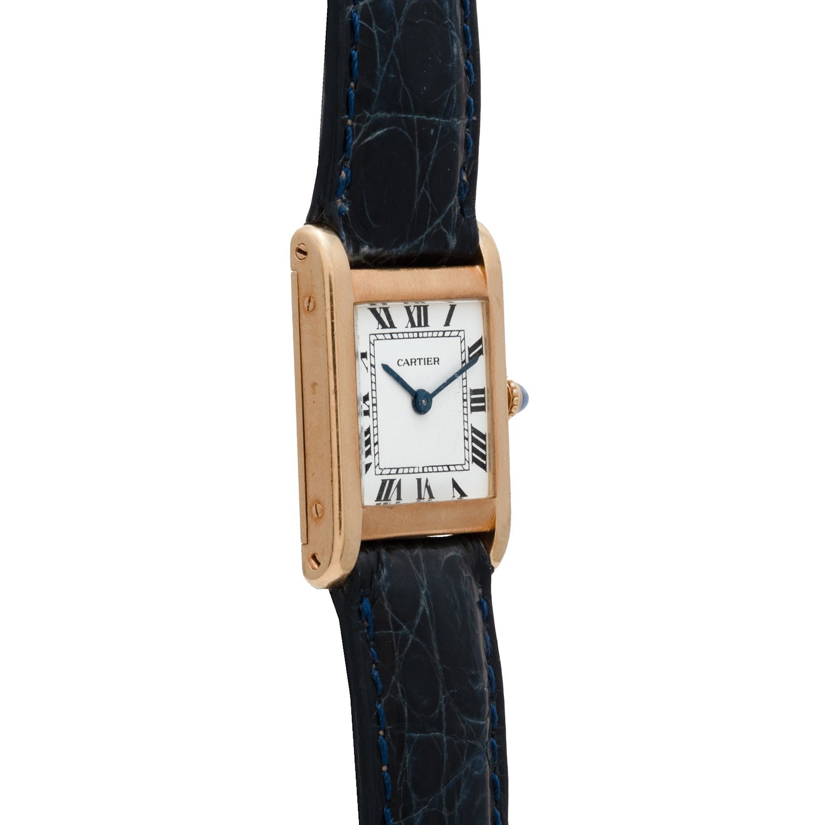 Cartier Tank Normale watch featuring a gold case, white dial with black Roman numerals, blue hands, and a black leather strap.