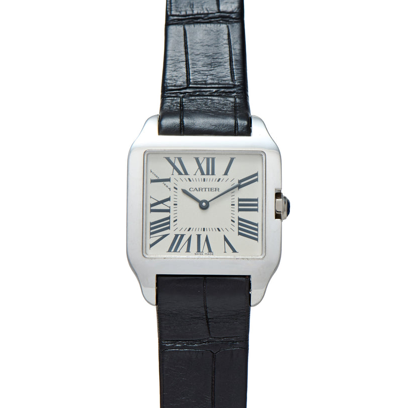 Cartier Santos-Dumont watch with square stainless steel case, cream dial with Roman numerals, and black leather strap.