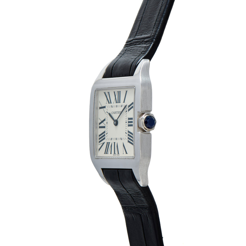 Cartier Santos-Dumont watch with rectangular stainless steel case, cream dial, Roman numerals, and black leather strap.