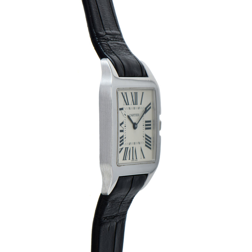 Cartier Santos-Dumont watch with rectangular stainless steel case, cream dial with Roman numerals, and black leather strap.