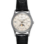 The Patek Philippe Retrograde Perpetual Calendar features a silver case, black leather strap, moonphase, and day-date indicators on the dial.