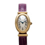 Cartier Baignoire wristwatch with Roman numerals and a purple leather strap, displayed on a white background.