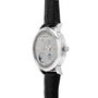 Lange & Sohne Lange 1 Tourbillon Perpetual Calendar, a silver luxury wristwatch with black leather strap, multiple dials, and moonphase display shown from an angled side view.