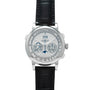 The Lange & Sohne Datograph Perpetual Calendar is a silver wristwatch with a black leather strap, multiple subdials, moon phase, and large date display.