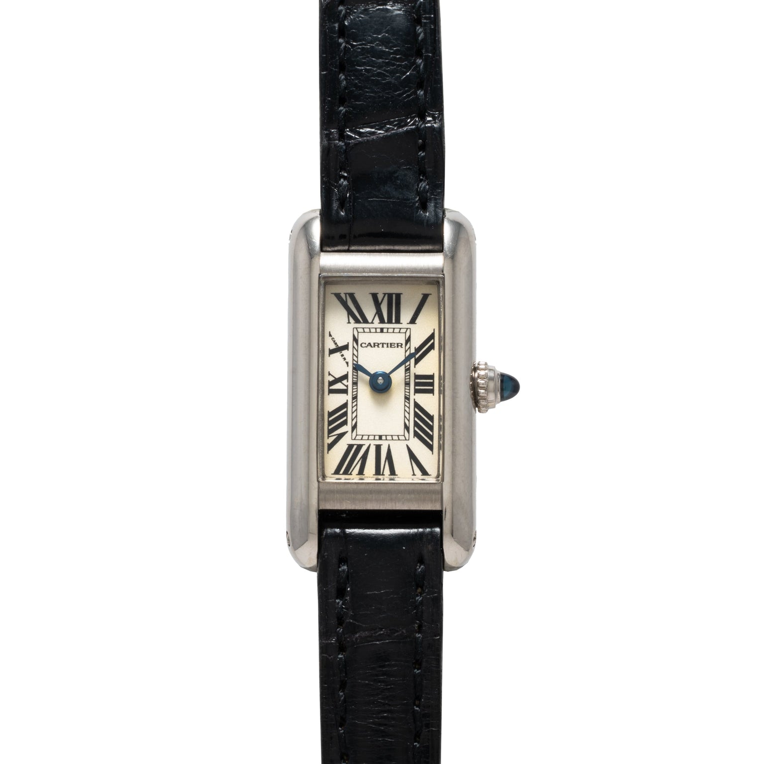 Cartier Tank Ladies Allongee watch featuring a rectangular dial with Roman numerals and a black leather strap, displayed on a white background.