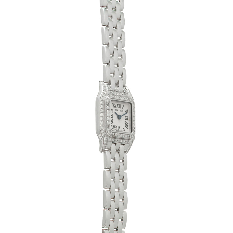 Cartier Panthere stainless steel watch with diamond-set rectangular case and Roman numeral dial on matching bracelet.