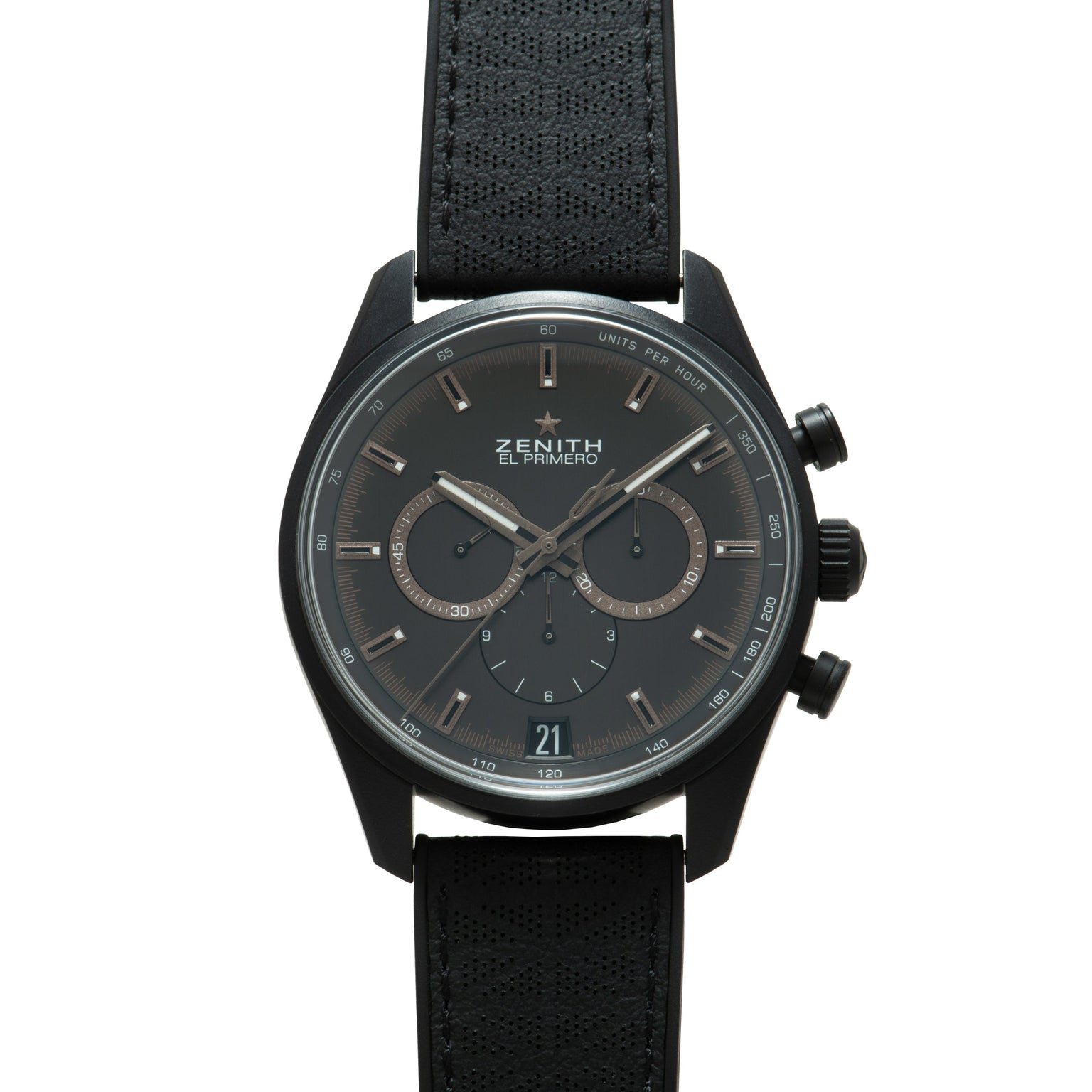 Black Zenith El Primero chronograph watch with dark dial, dual subdials, and black leather strap.