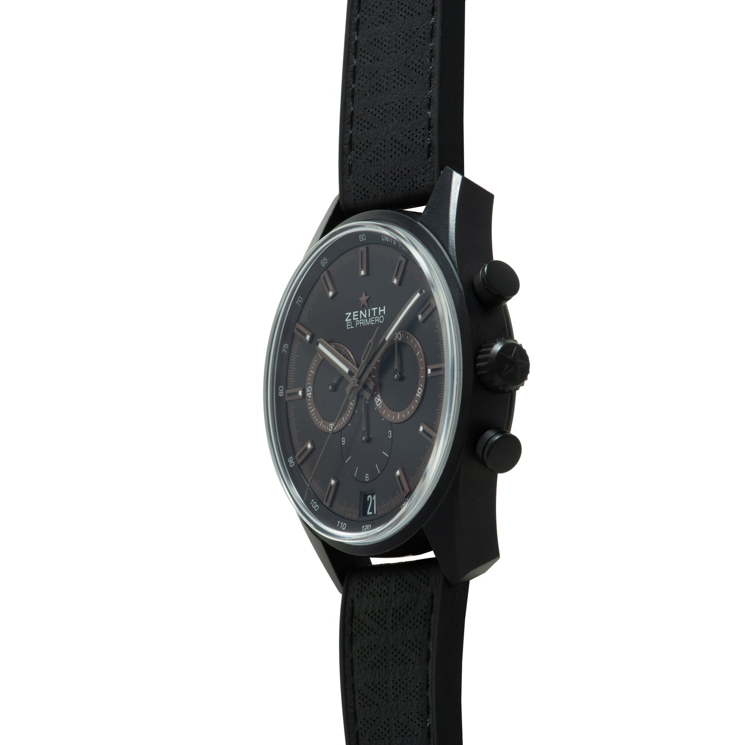 Zenith Chronomaster El Primero watch with black dial, chronograph subdials, three pushers, and black textile strap.