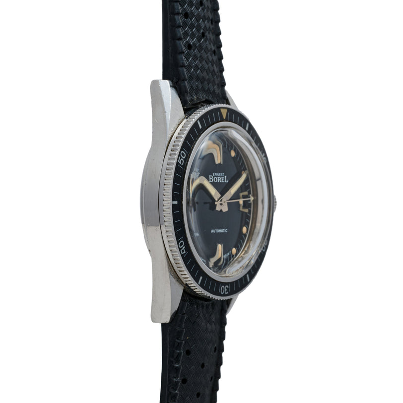 Ernest Borel Diver watch with black dial, luminous hour markers, rotating bezel, and black textile strap.