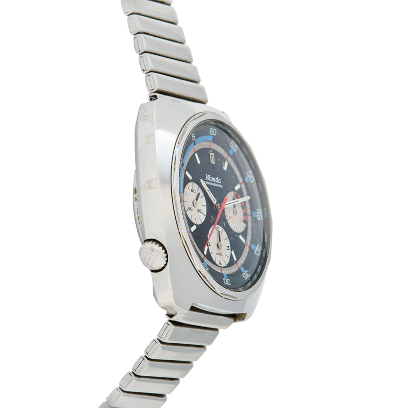 Nivada Chronoking stainless steel chronograph watch with black dial, white subdials, and metal link bracelet.