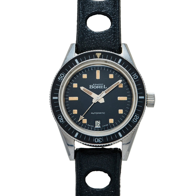 Ernest Borel automatic dive watch with black dial, gilt indices, rotating bezel, and black leather strap with cutouts.