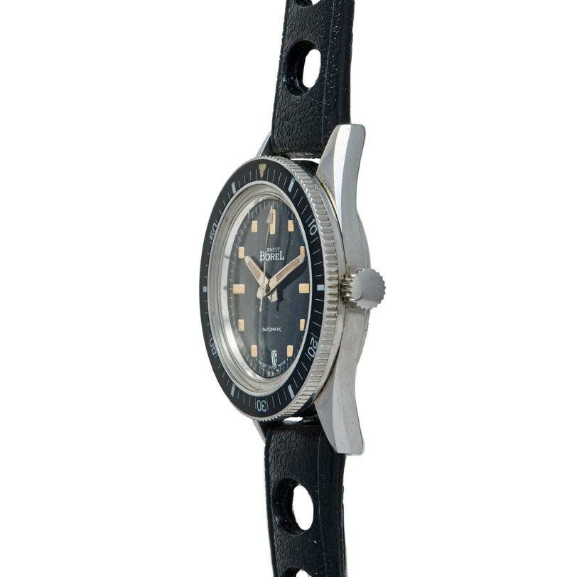 Ernest Borel automatic dive watch with black dial, applied hour markers, rotating bezel, and black leather strap with cutouts