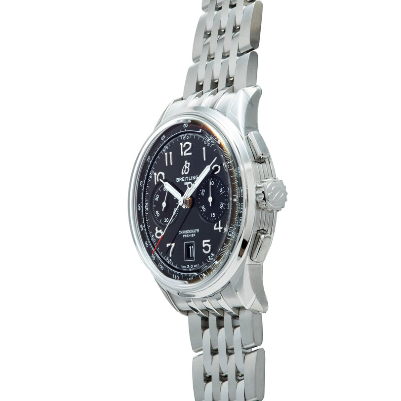 Stainless steel chronograph watch with black dial, Arabic numerals, white hands, and three subdials on linked metal bracelet.