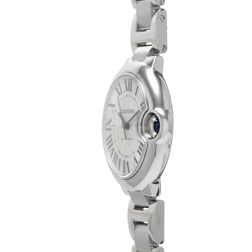 Stainless steel watch with round white dial, Roman numerals, blue sapphire crown, and linked bracelet.