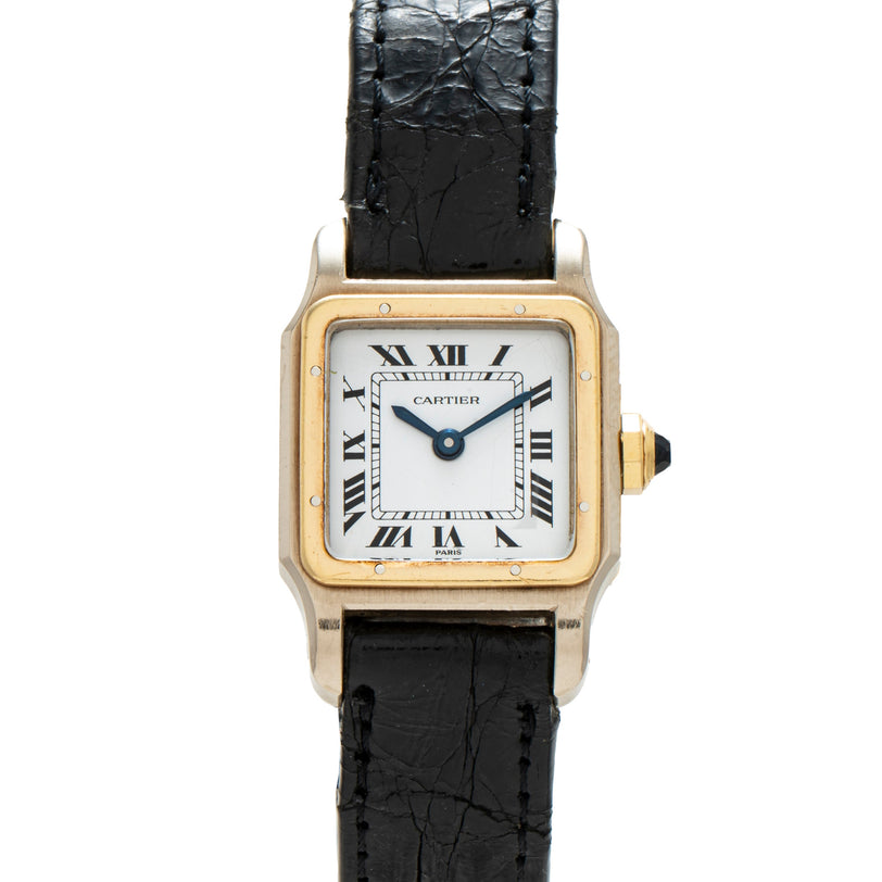 Two-tone square watch with white dial, Roman numerals, and black leather strap.