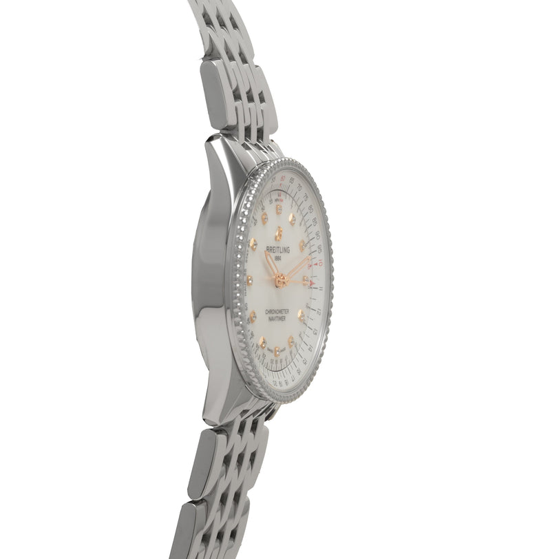 Stainless steel watch with mother-of-pearl dial, diamond bezel, rose gold accents, and linked bracelet.