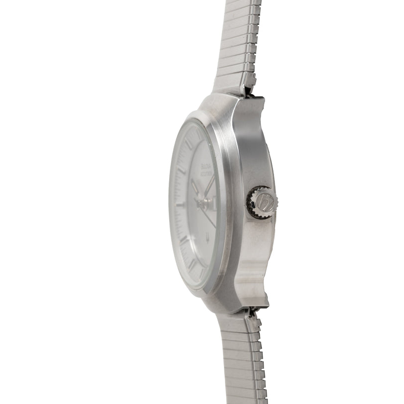 Silver-toned Bulova Accutron ladies watch with round dial and metal bracelet band shown from the side.