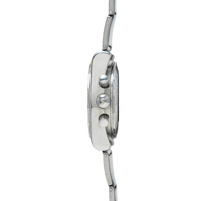 Stainless steel watch with rectangular case shown from side profile, displaying chronograph pushers and bracelet strap.