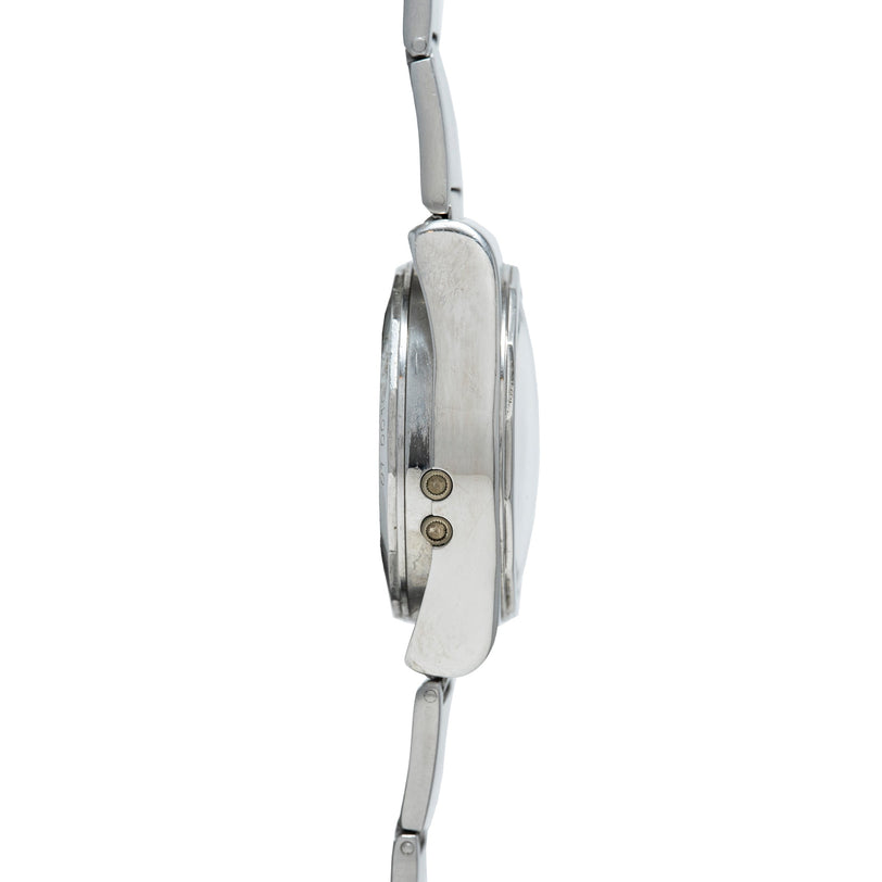 Silver-tone chronograph watch with rectangular case shown from the side profile, displaying pusher buttons.