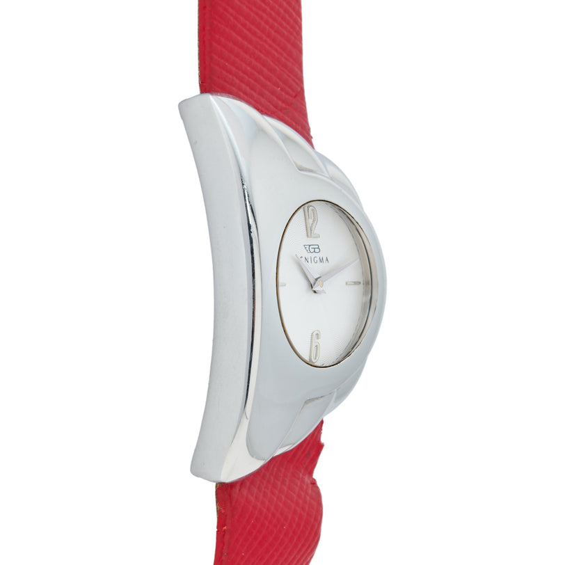 White curved watch with silver dial and hour markers on red textured band.