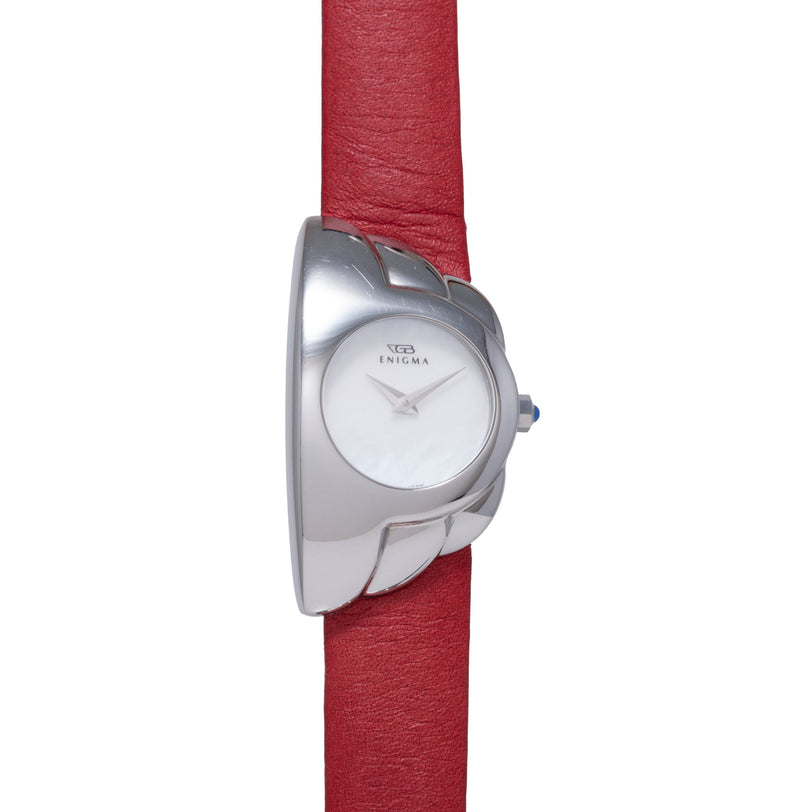 Silver-toned watch with claw-shaped case, white dial, and red leather strap.