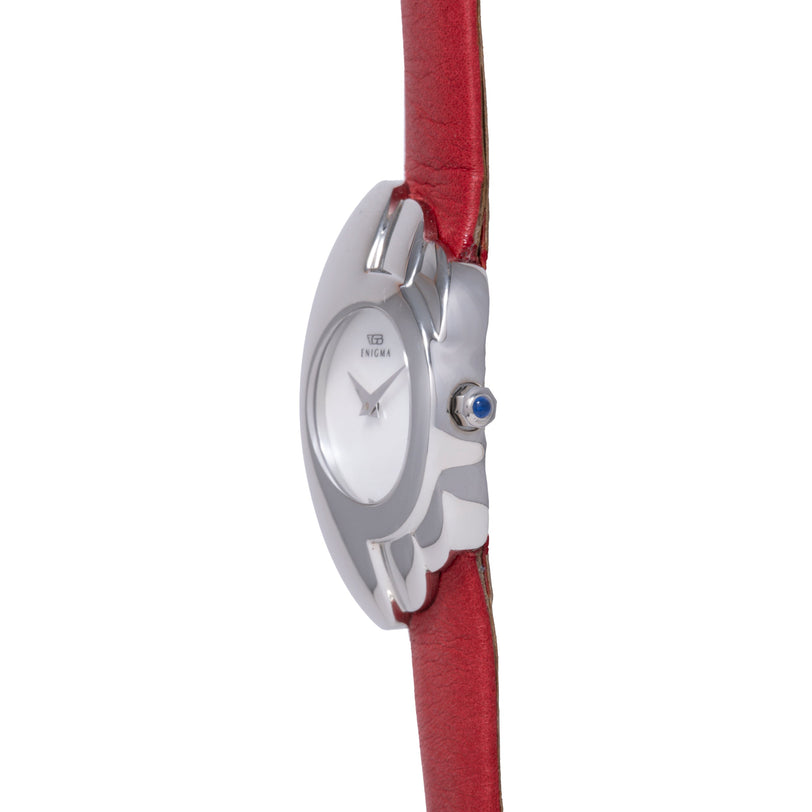 Silver-tone watch with white dial, claw-shaped case design, and red fabric strap with blue stone accent.