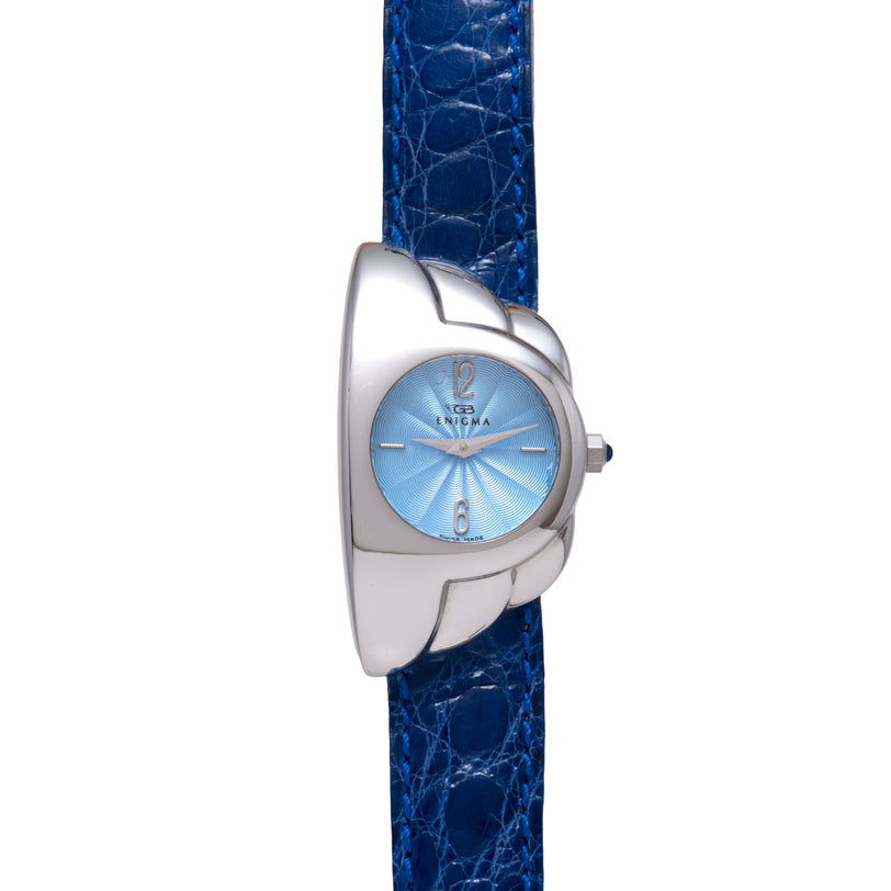 Silver-toned watch with light blue dial, claw-shaped case, and blue crocodile leather strap.