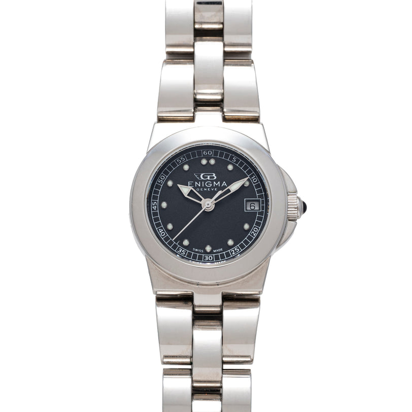 Silver-tone sports watch with black dial, white hour markers, date window, and two-tone metal bracelet.