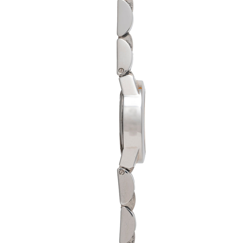 Silver-toned sports watch with rectangular face and linked metal bracelet, shown from the side.