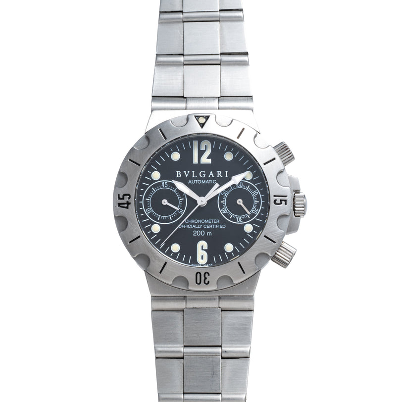 Stainless steel chronograph watch with black dial, white hour markers, dual subdials, and matching metal bracelet.