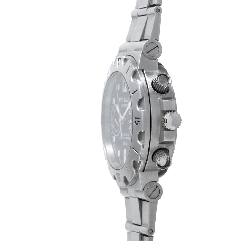 Bulgari Diagono Scuba Chronograph watch with stainless steel case and bracelet, displayed from side angle showing chronograph