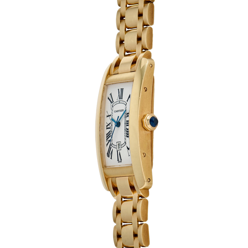 Gold-tone rectangular watch with white dial, Roman numerals, blue hands, and matching link bracelet.